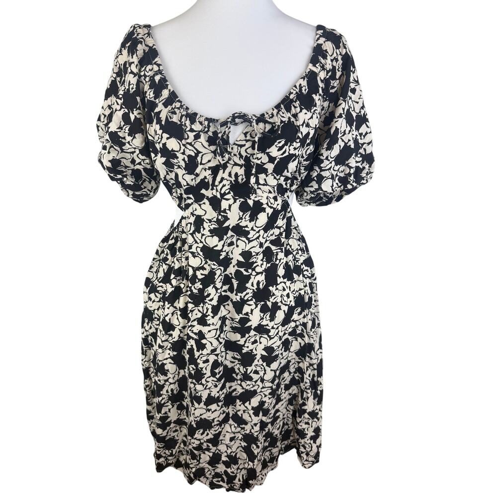 Japna Womens Scoop Neck Cut-Out Short Puff Sleeve Floral Black/White Dress Small